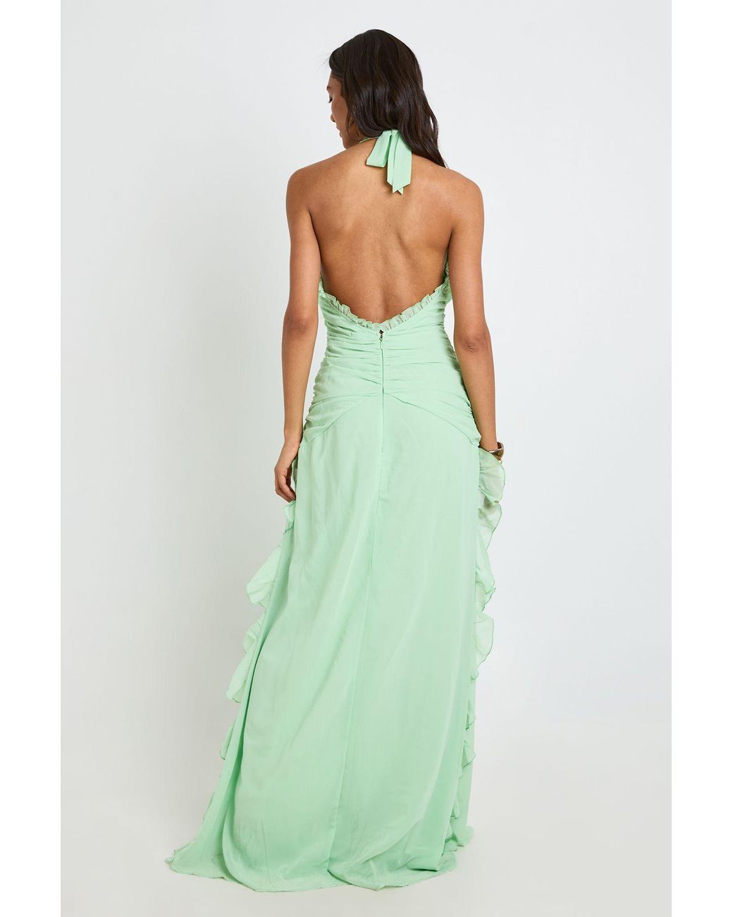 Boohoo Green Tall Chiffon Ruffle Detail Halterneck Maxi Dress