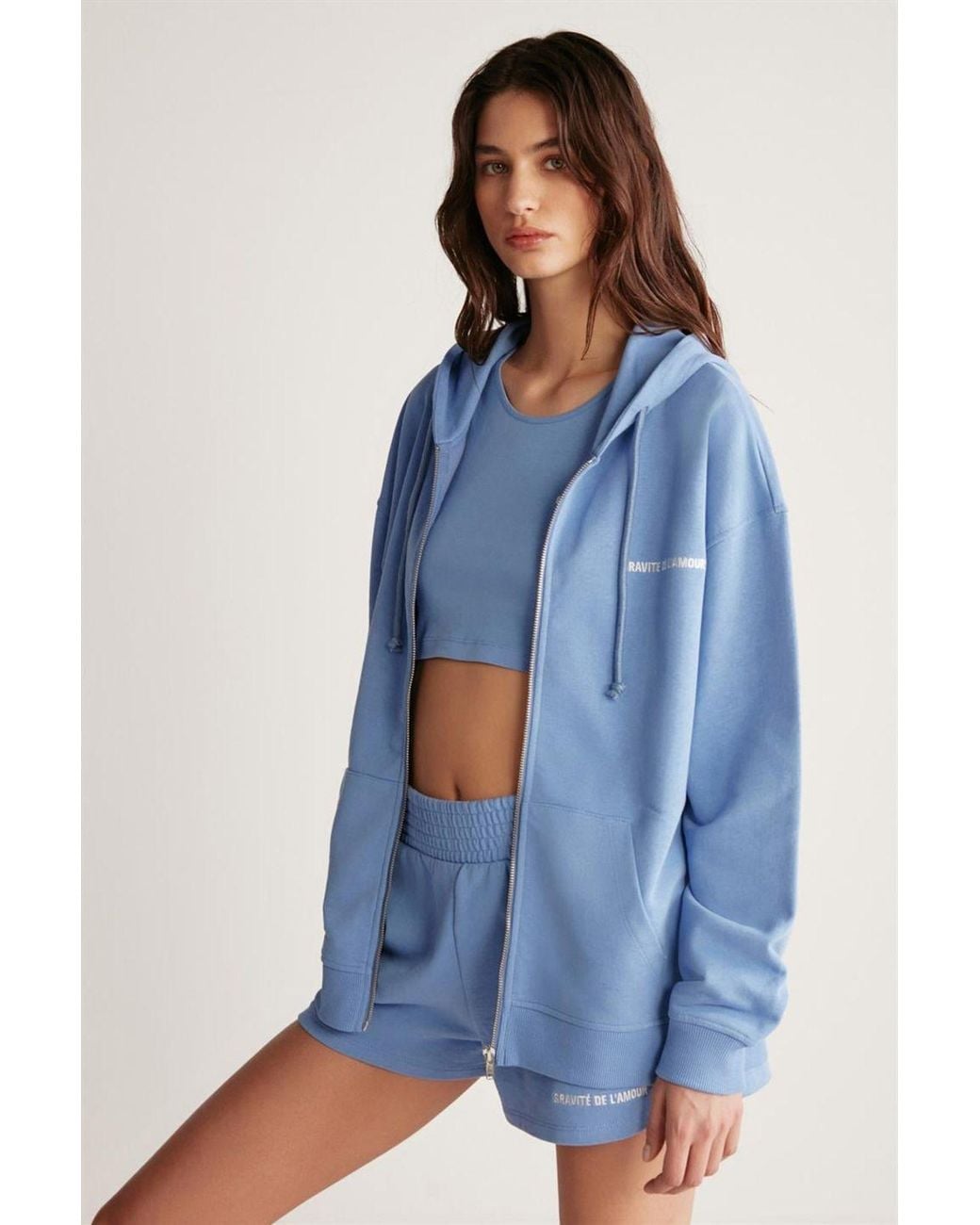 Grimelange Blue Hooded Zip-Front Oversized Sweatshirt