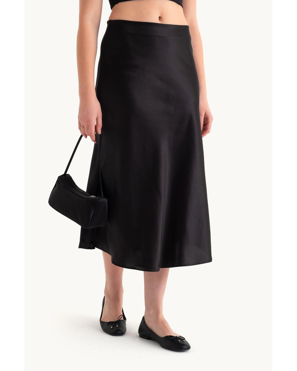 Hiccup Black Satin High Waist Midi Skirt