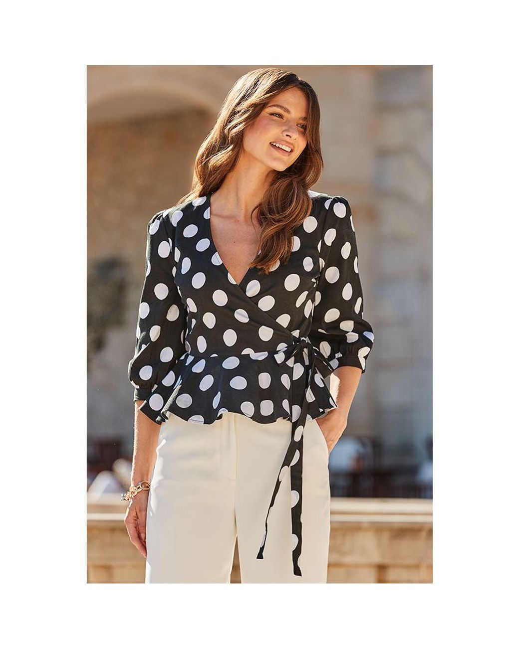 Sosandar Natural Spot Print Peplum Hem Wrap Top Denim