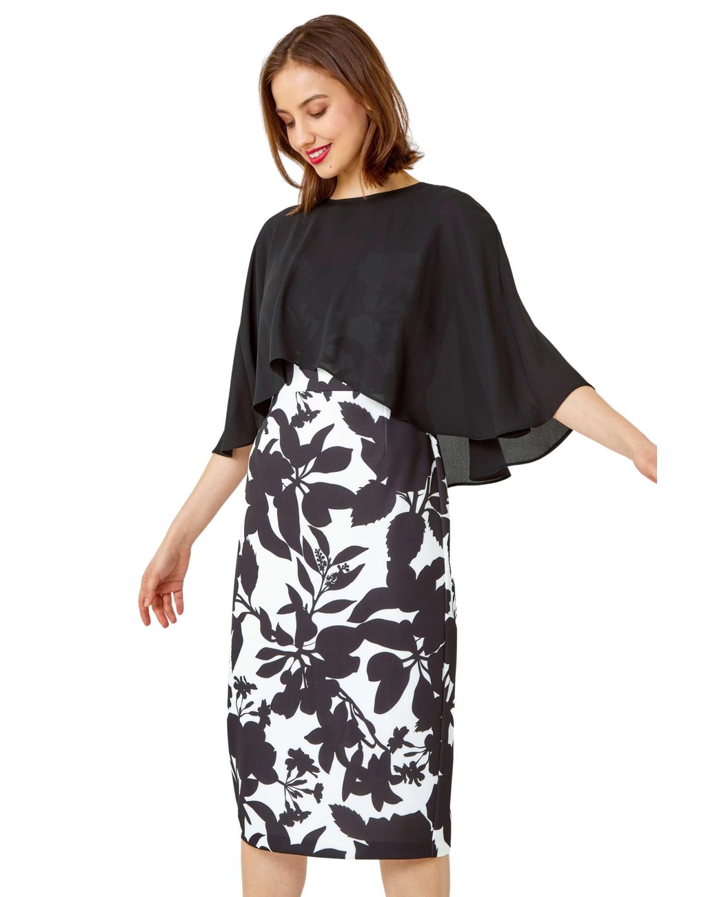 Roman Black Floral Cape Detail Stretch Dress