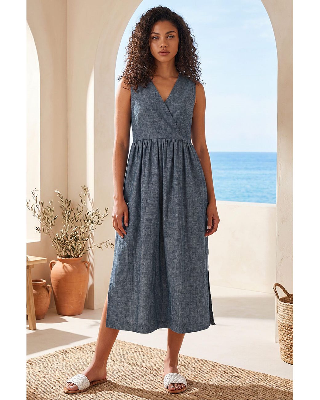 Roman Blue Petite V-Neck Tunic Dress