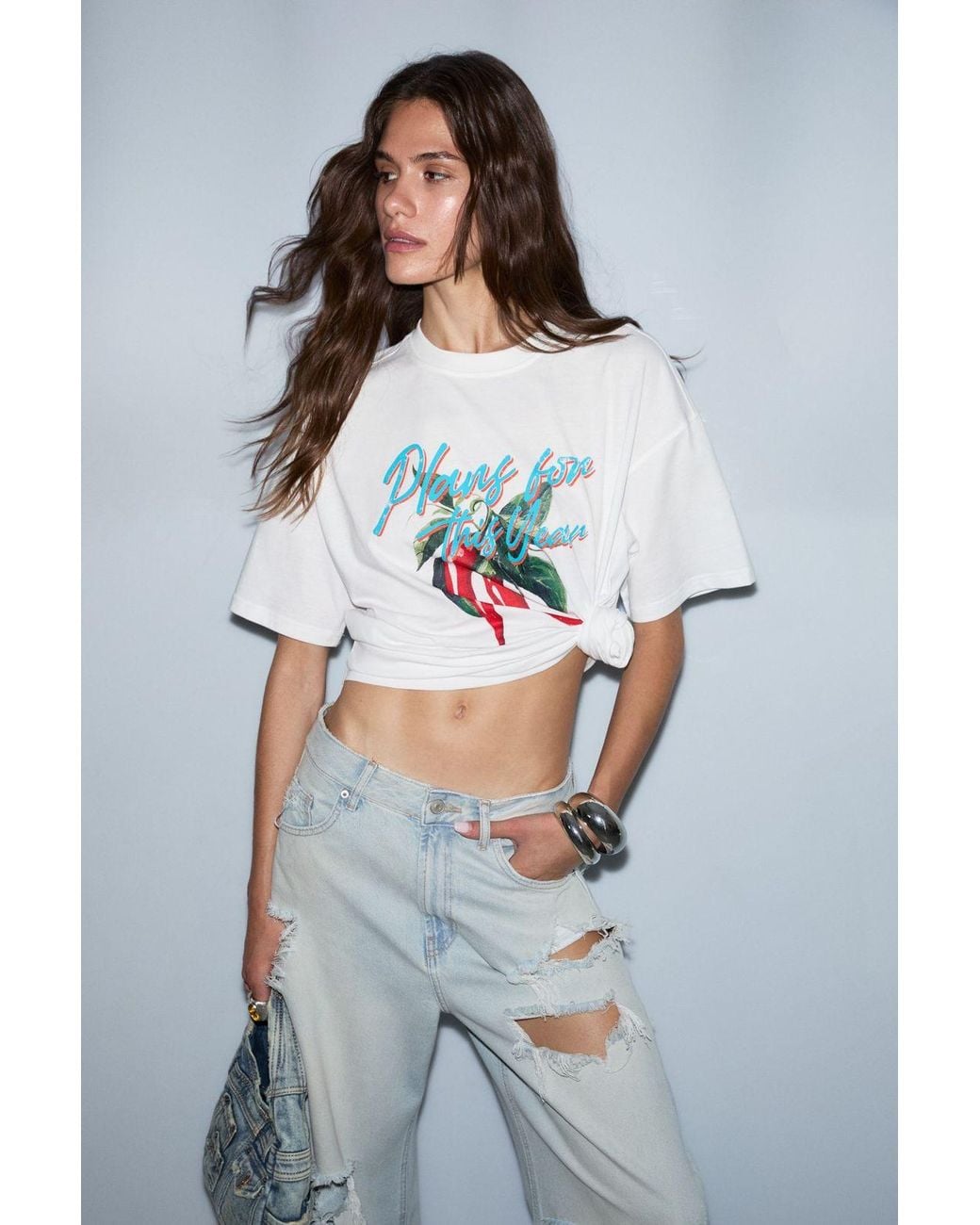 Grimelange Gray Printed Crew Neck T-Shirt