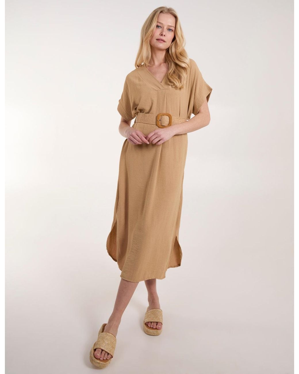 Blue Vanilla Natural V Neck Midi Dress With Belt