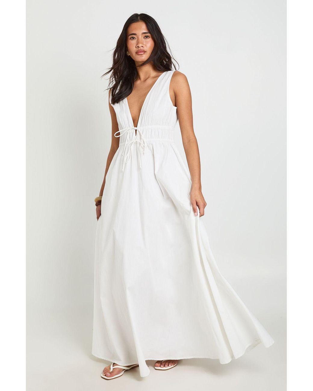 Boohoo White Deep V Front Tie Maxi Skater Dress