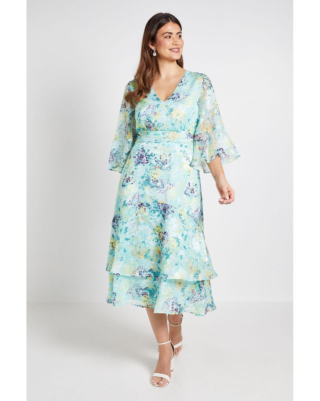 Wallis Blue Floral Burn Out Flared Sleeve Midi Dress