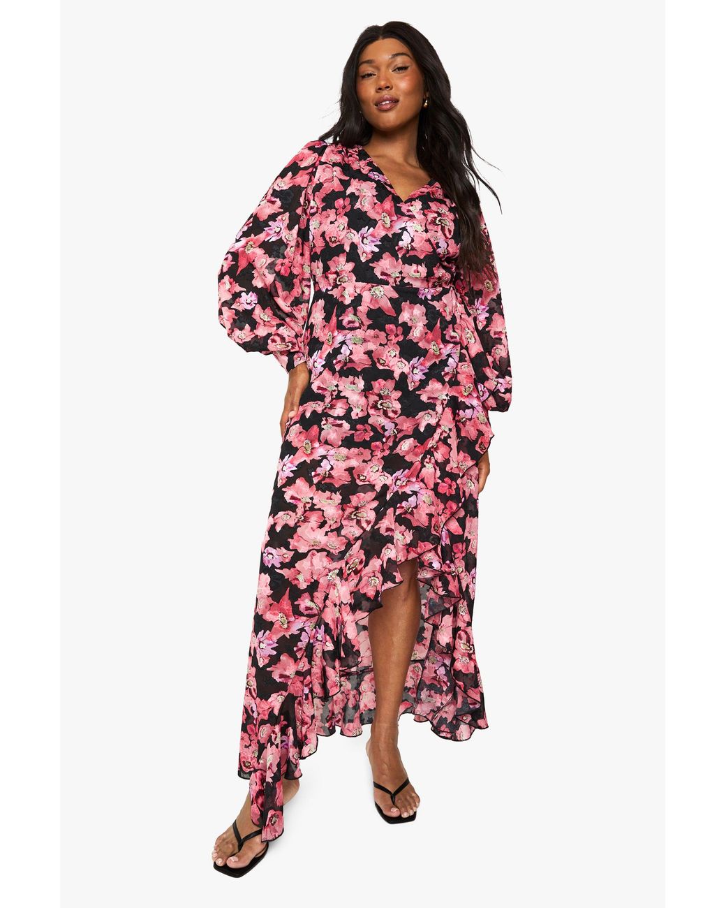 Boohoo Red Plus Floral Ruffle Wrap Maxi Dress