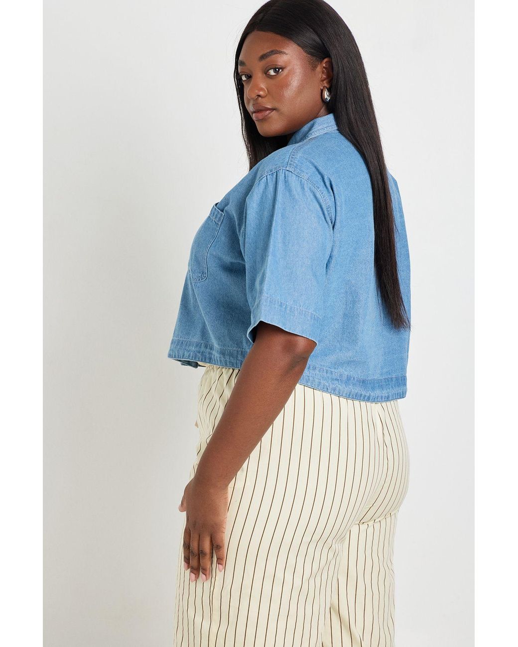 Boohoo Blue Plus Chambray Pocket Longline Crop Shirt
