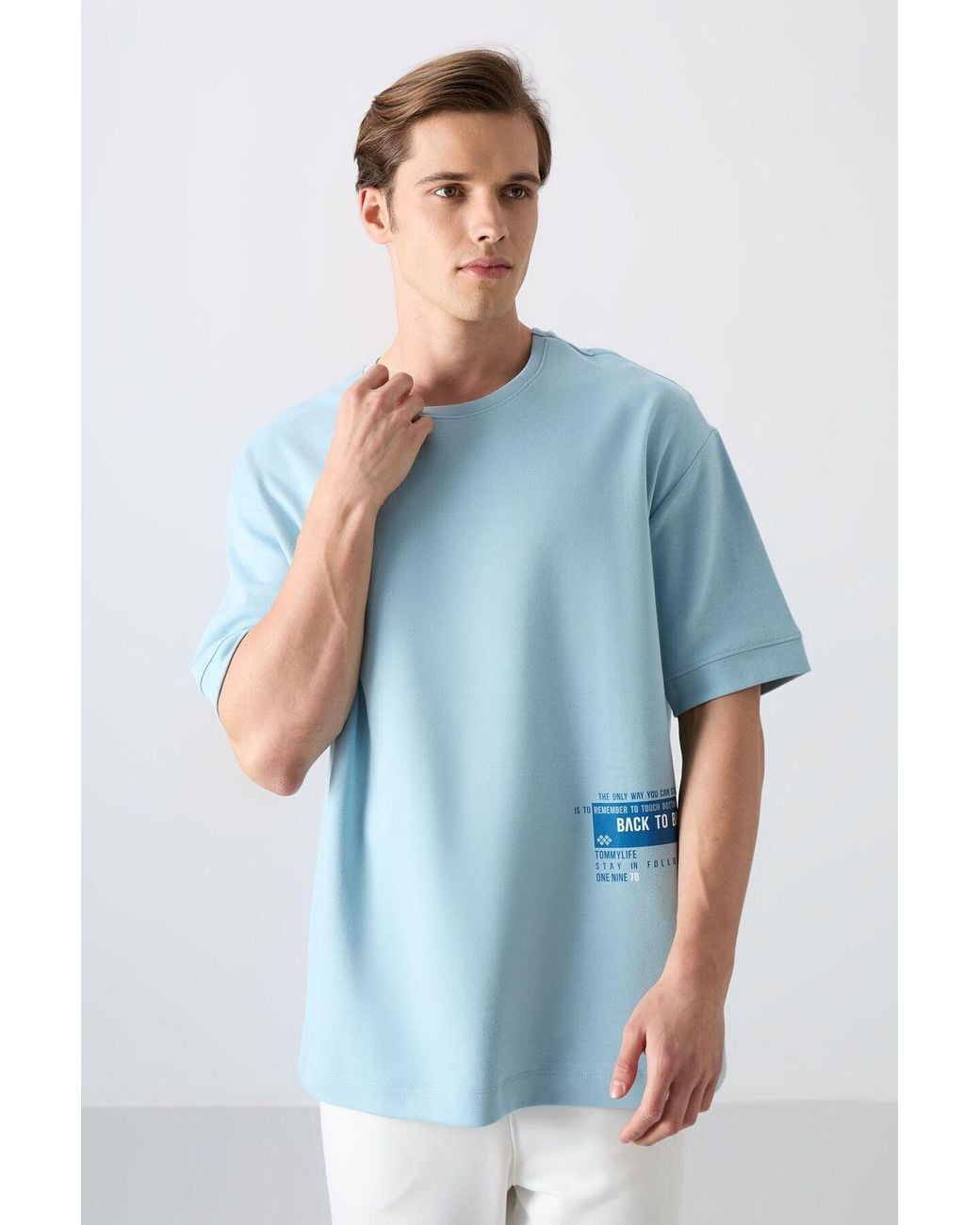 TOMMY LIFE Blue Oversized Cotton-Blend Crew Neck T-Shirt for men