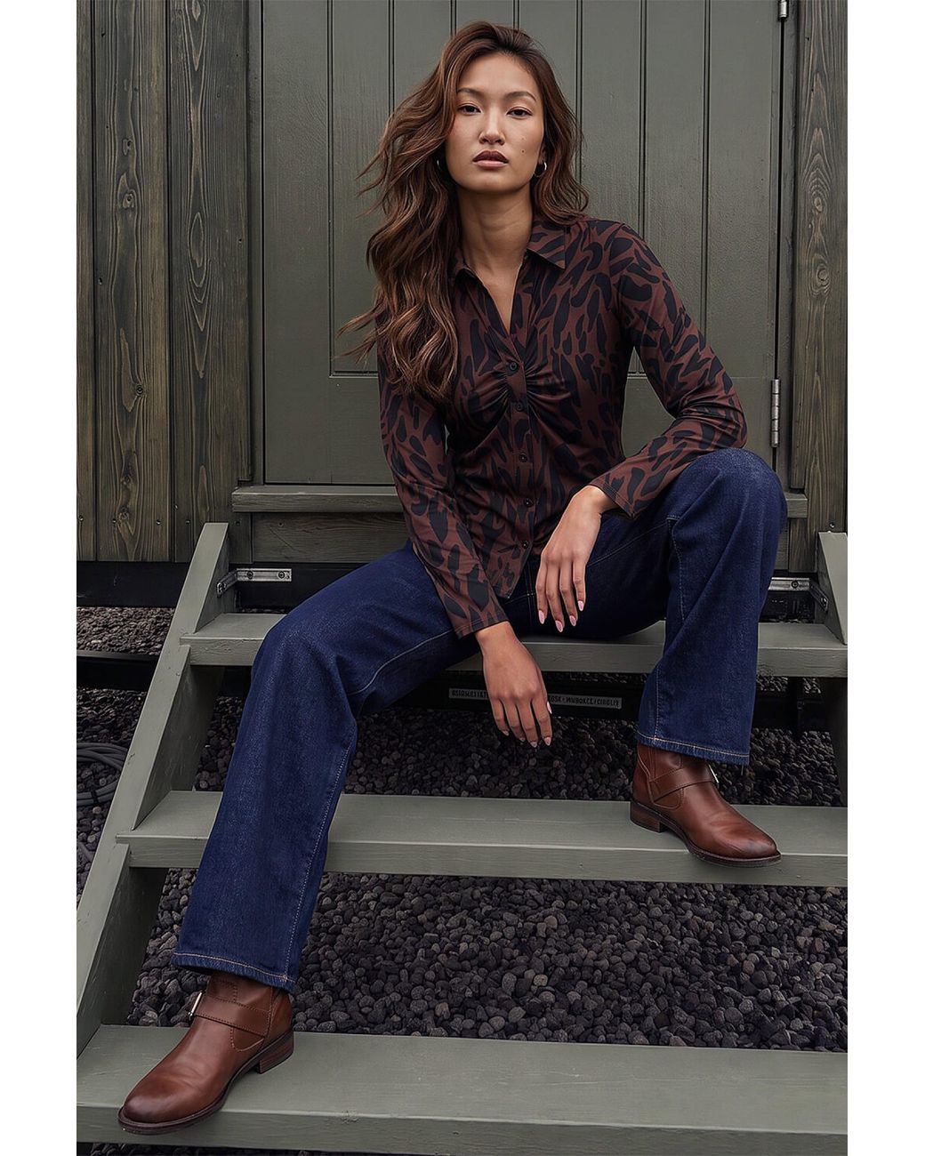 Roman Gray Abstract Print V-Neck Blouse