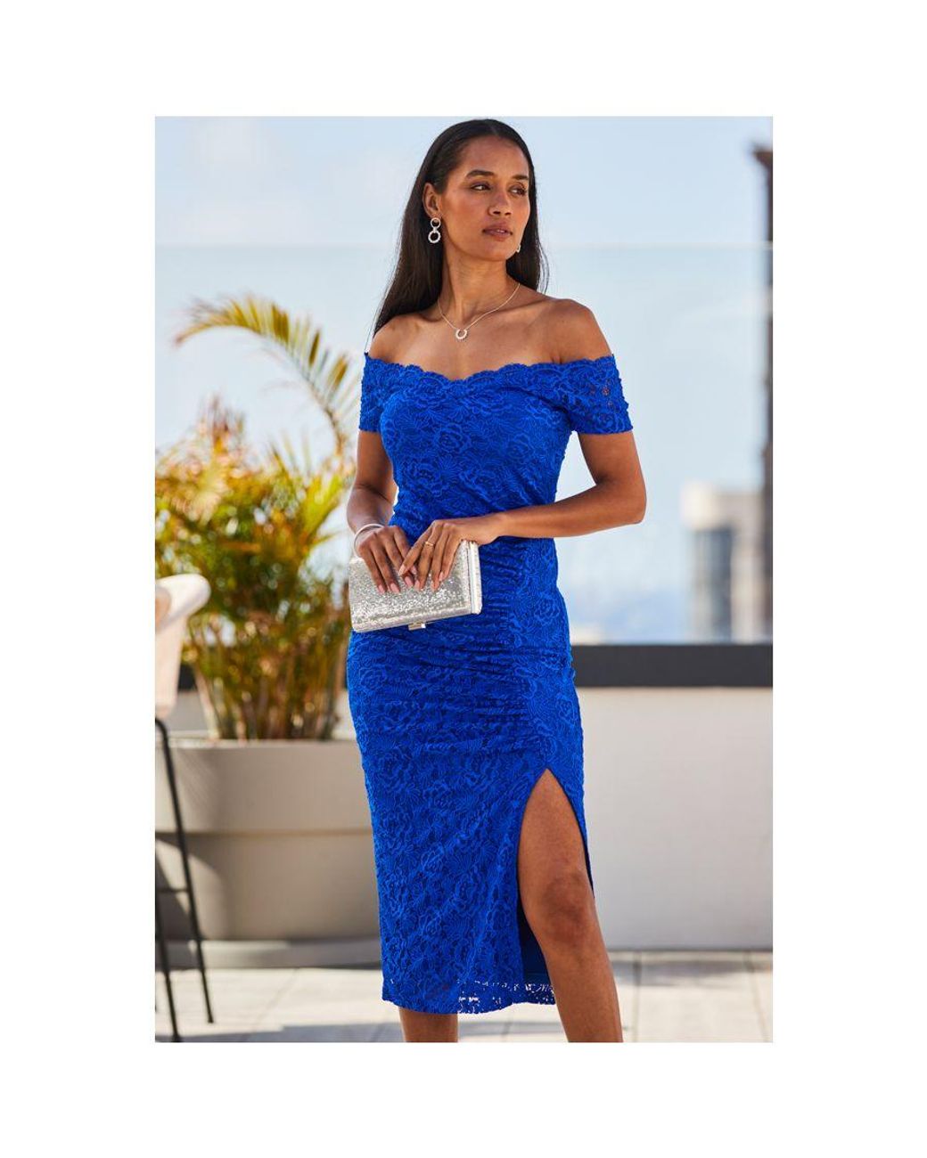 Sosandar Cobalt Luxe Lace Bardot Midi Jersey Dress in Blue Lyst UK