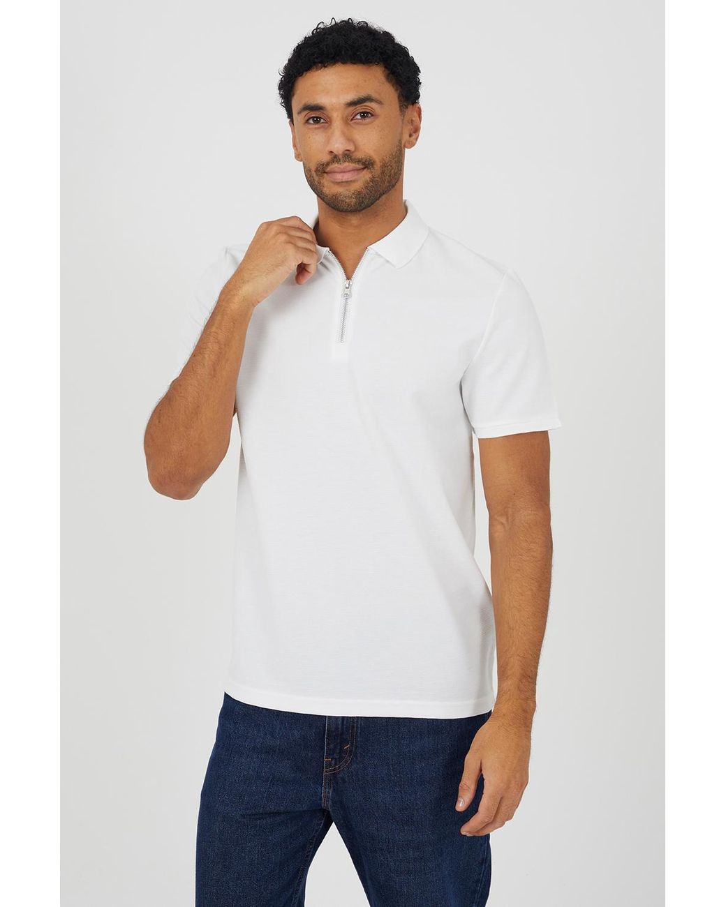 Brave Soul White Textured Short Sleeve Quarter Zip Polo Shirt for men