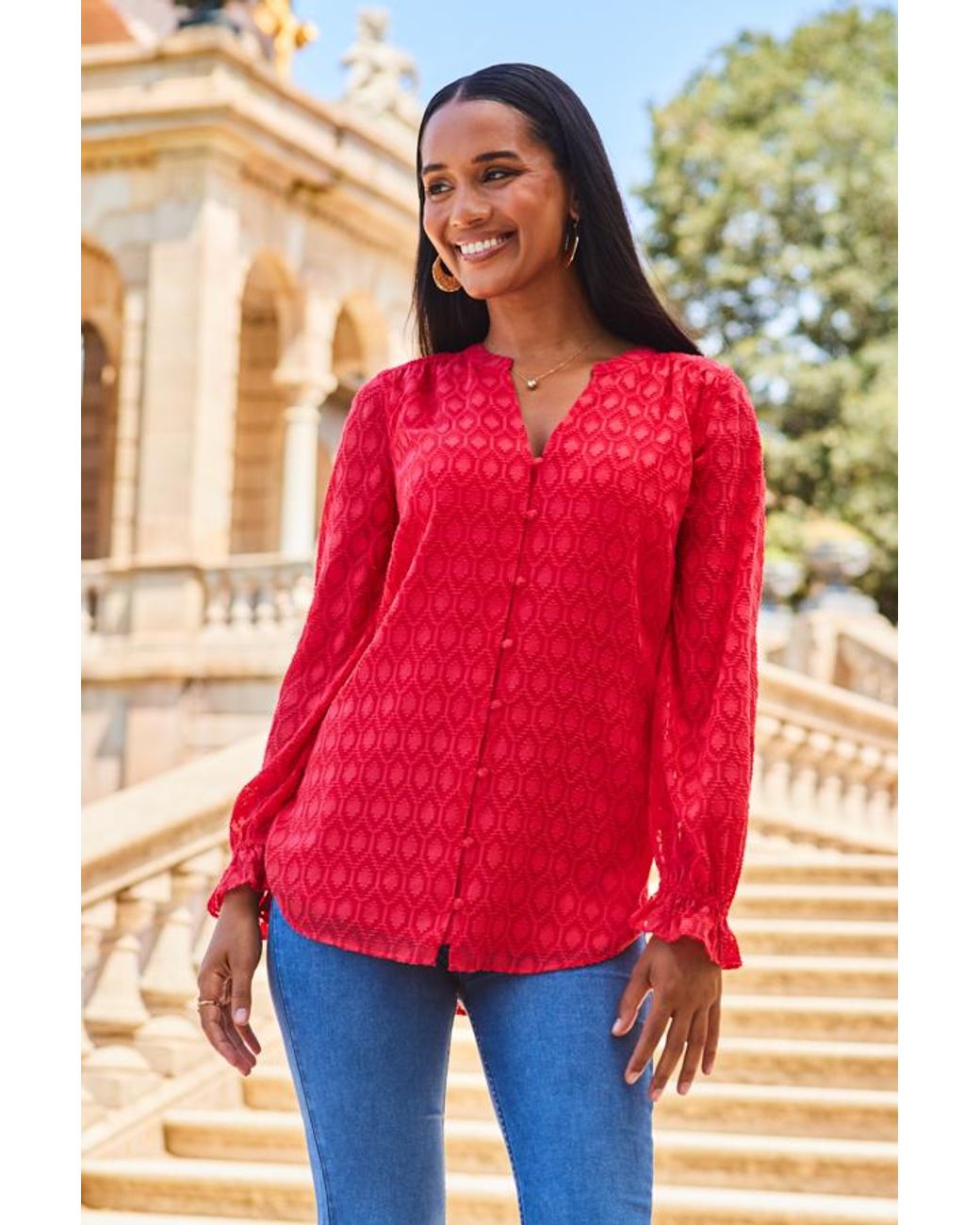 Sosandar Coral Button Front Longline Textured Blouse