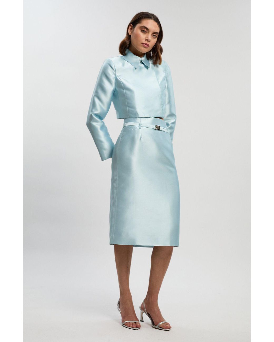 Karen Millen Blue Satin Twill Belted Tailored Midi Skirt