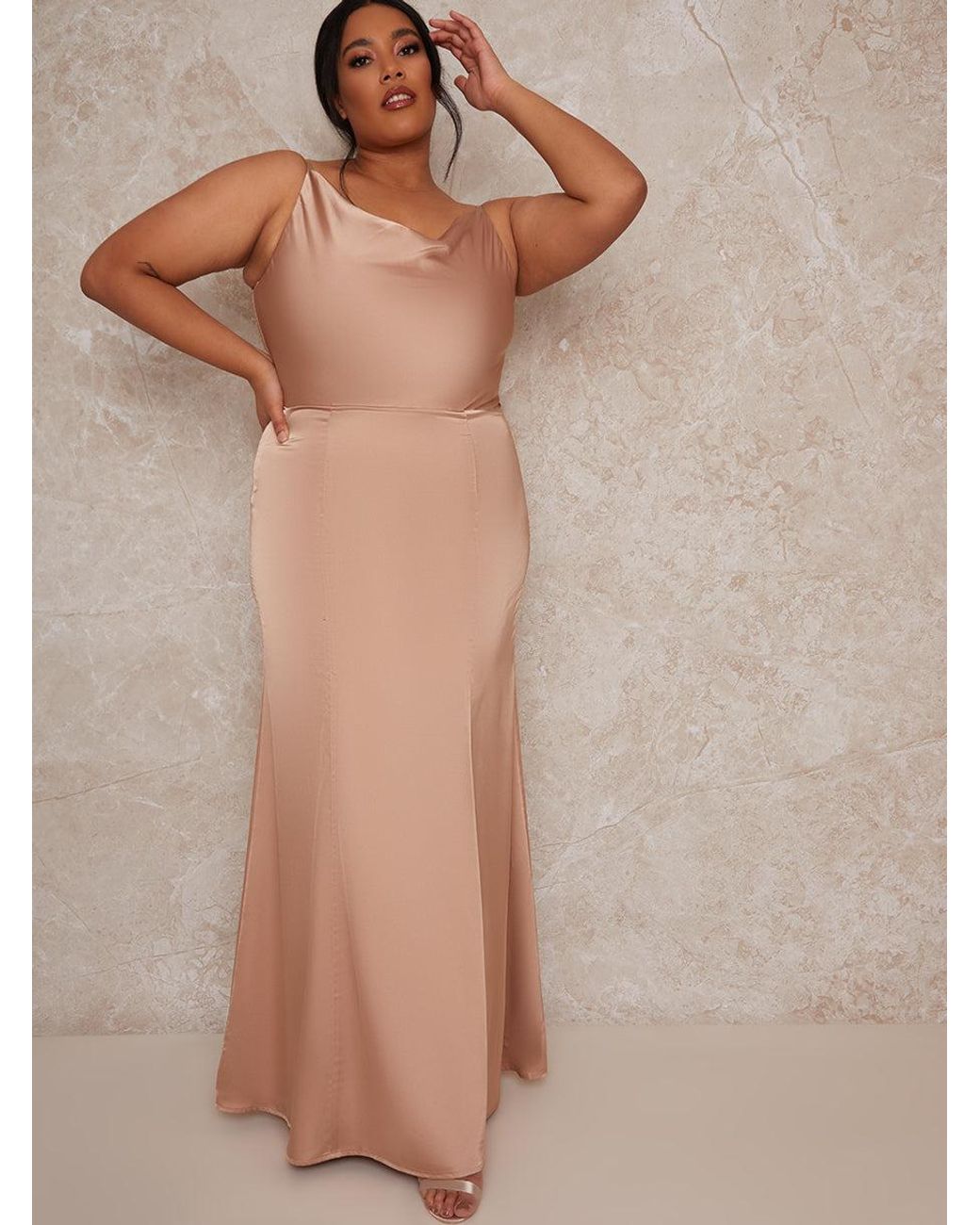 Chi Chi London Brown Plus Size Cowl Neck Satin Slip Maxi Dress