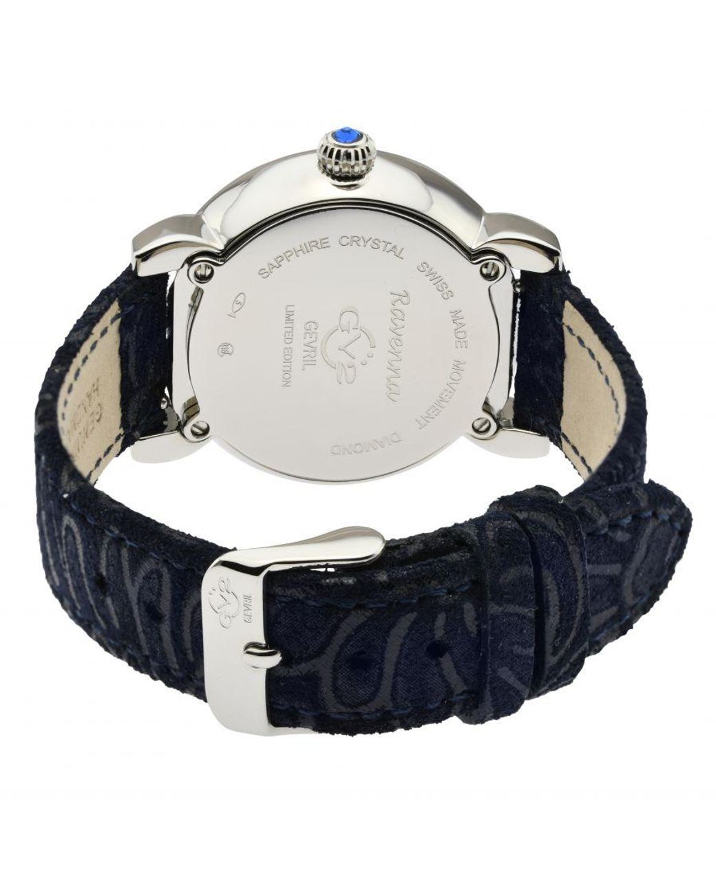 Gv2 Blue Ravenna Swiss Quartz Diamond Mother Of Pearl Dial Suede Embossed Watch Leather