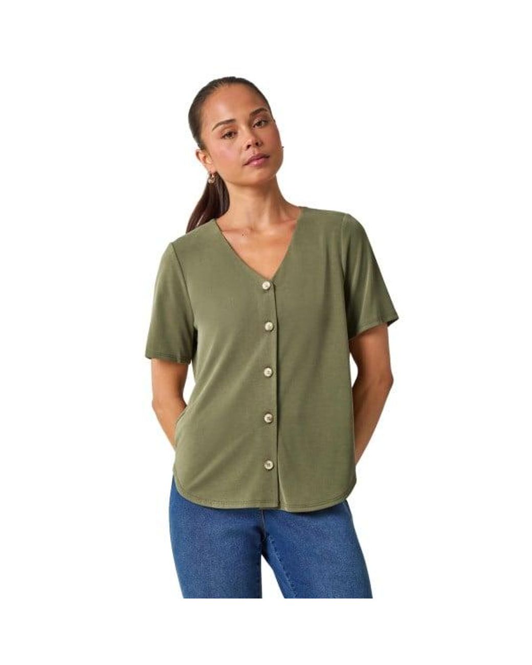 Roman Green Petite V-Neck Buttoned Blouse