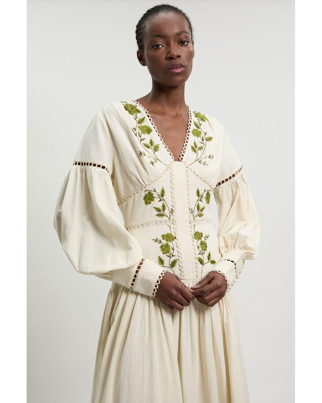 Karen Millen Natural Rose Embroidered Cotton Twill Woven Long Sleeve Maxi Dress