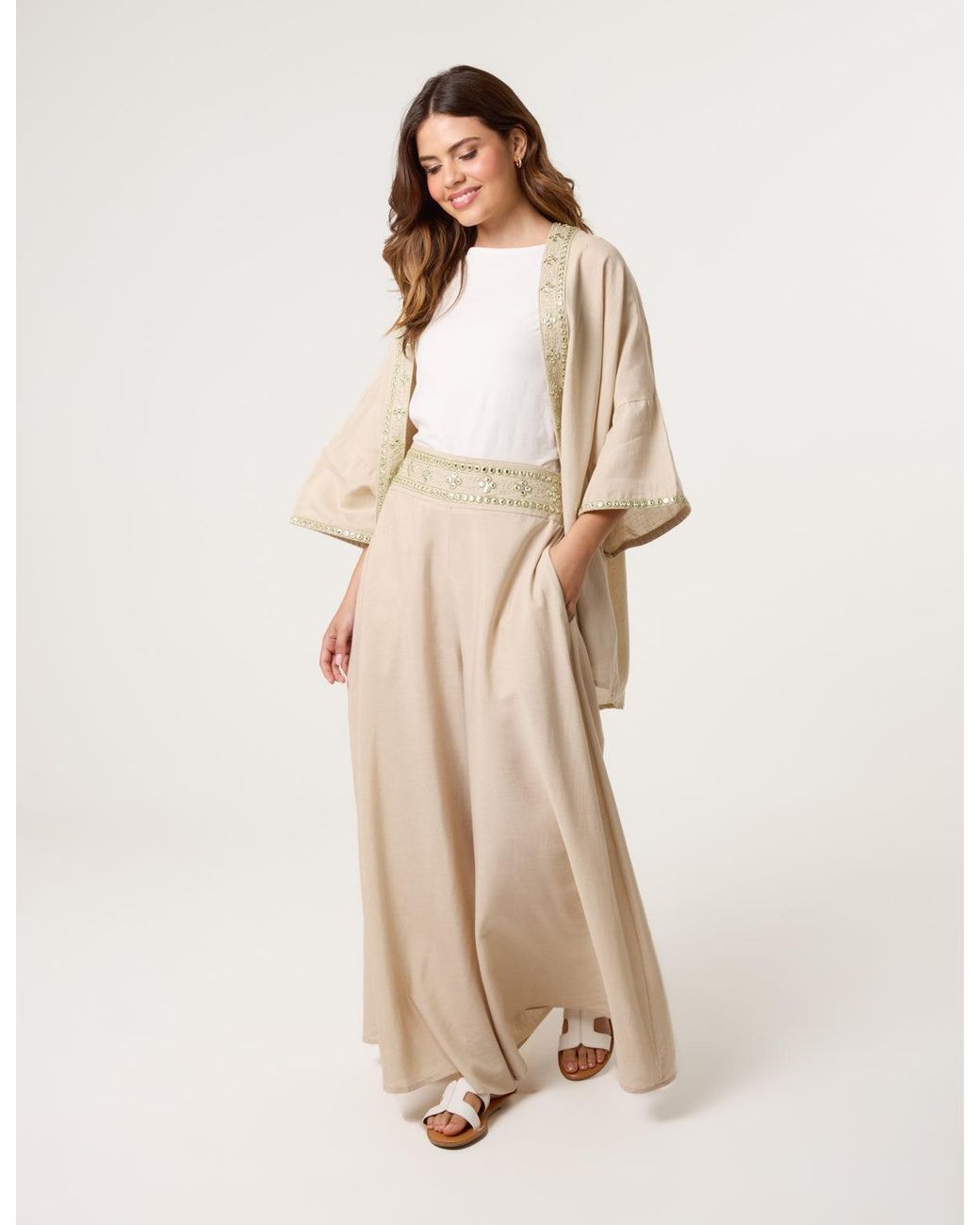 Blue Vanilla Natural Wide Leg Embellished Linen Trousers