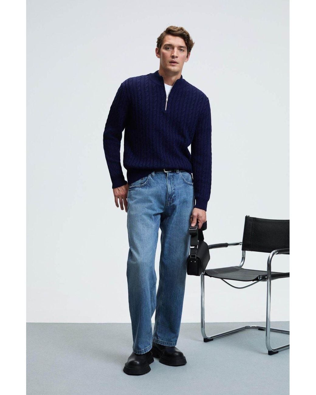 Grimelange Blue Cable Knit Zipper Collar Jumper for men