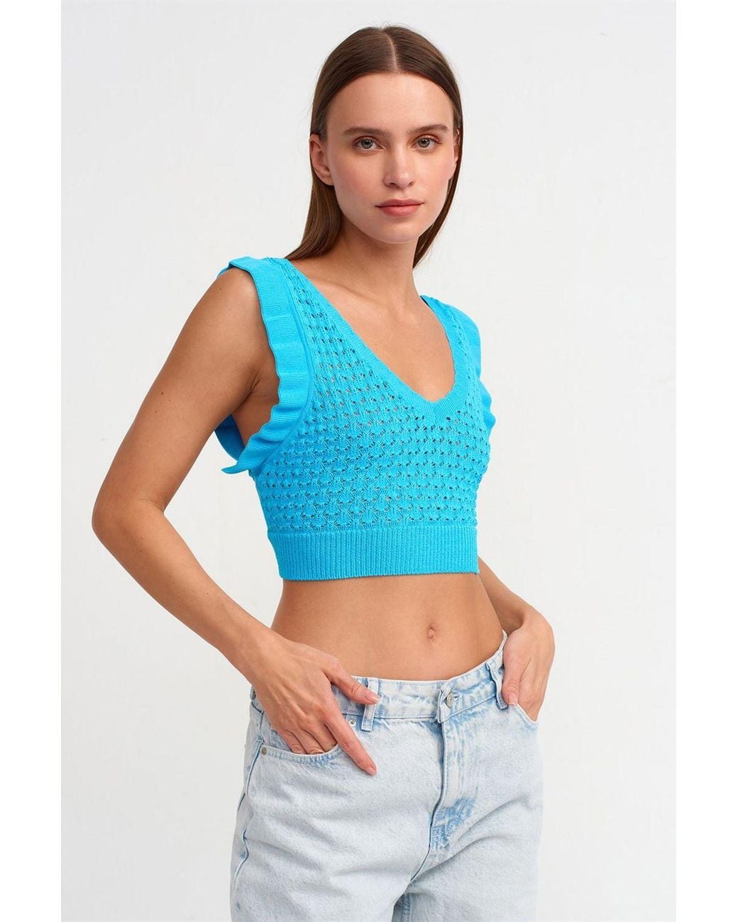 Dilvin Blue Textured Sleeveless Crop Blouse With Tie Detail