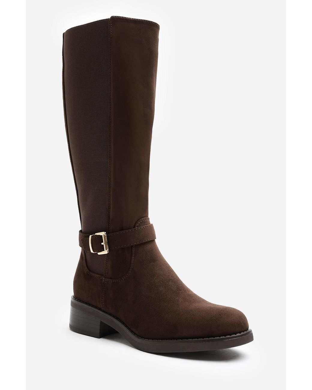 Where's That From Brown Wheres Journi Stretch Knee High Riding Boots With Side Buckle Strap