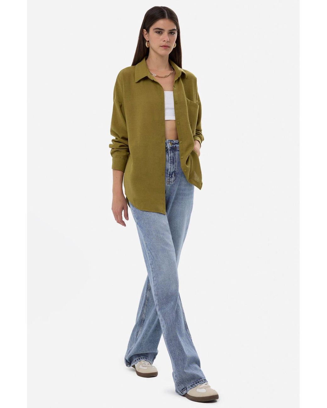 Hiccup Green Linen Long Sleeve Shirt With Pocket