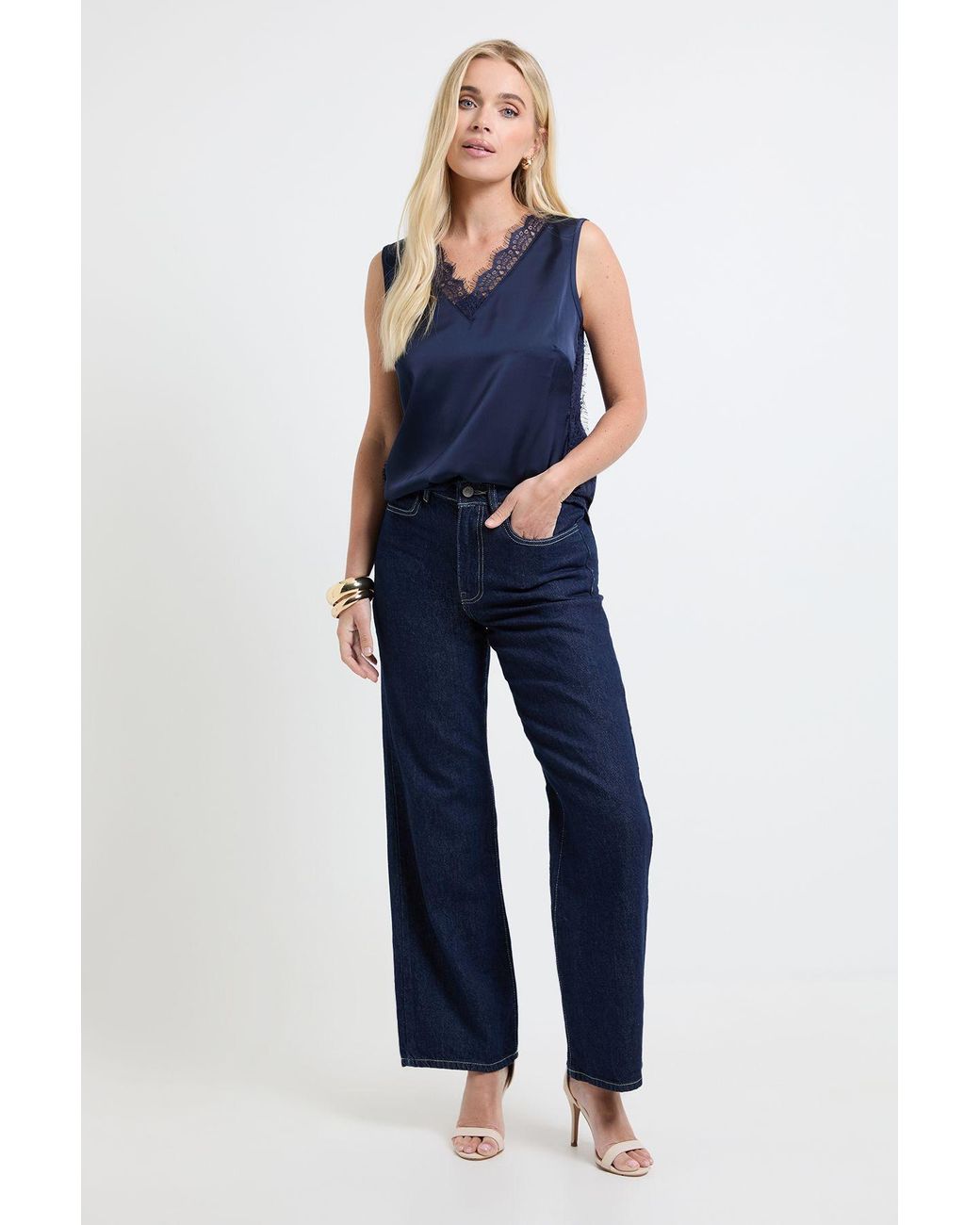 Wallis Blue Petite Lace Trim Cami Top