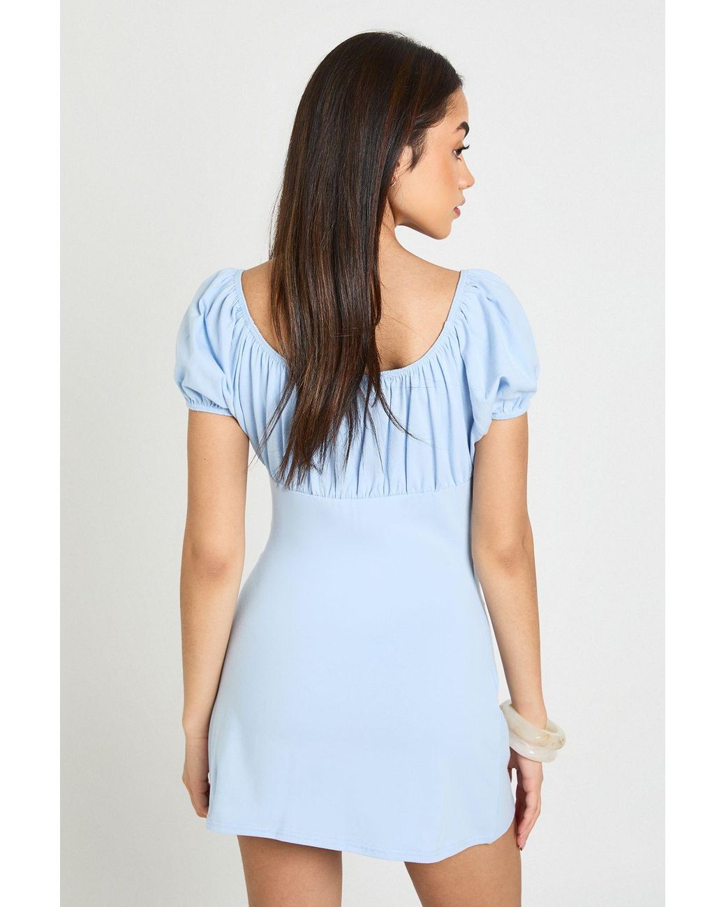 Boohoo Blue Cotton Milkmaid Cap Sleeve Dress