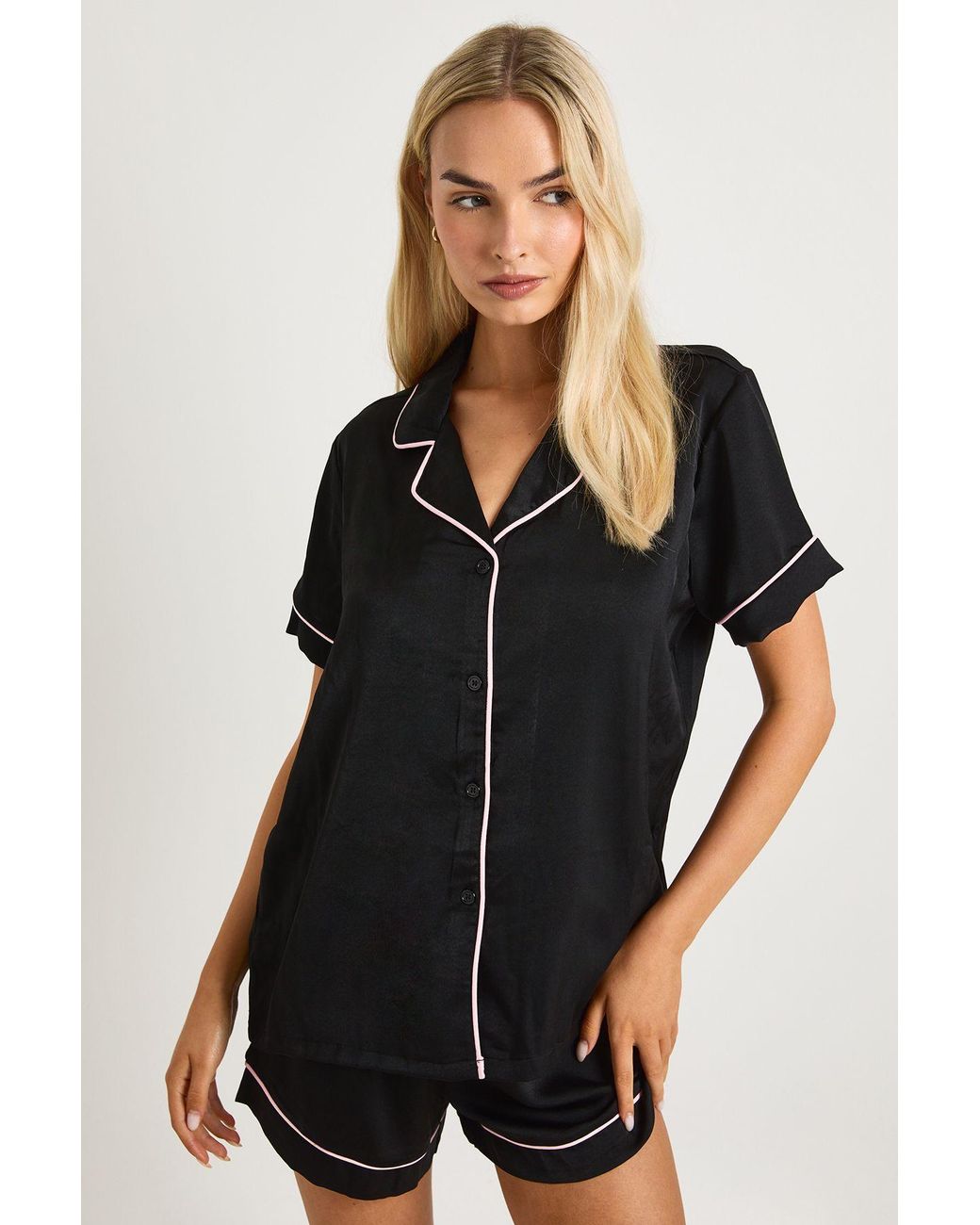 Boohoo Black Satin Piping Detail Short Sleeve Shirt & Shorts Pyjama Set