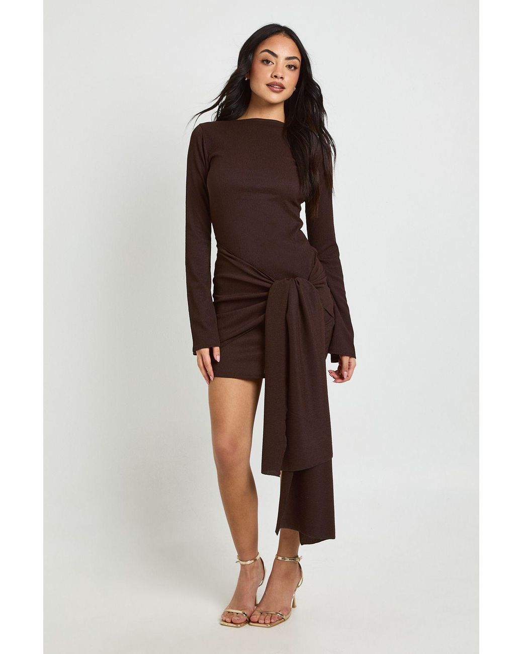 Boohoo Brown Texture Wrap Tie Front Mini Dress