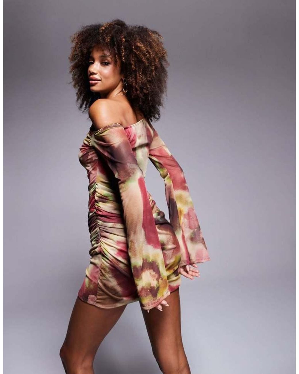 ASOS Multicolor Off Shoulder Mesh Mini Dress With Ruffle Flute Sleeve