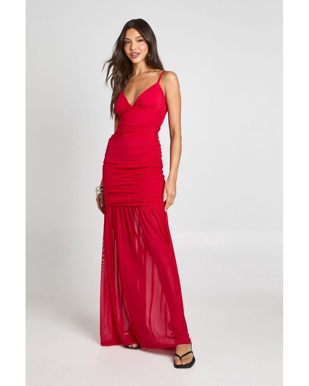 Boohoo Red Mesh Cami Maxi Dress With Hem