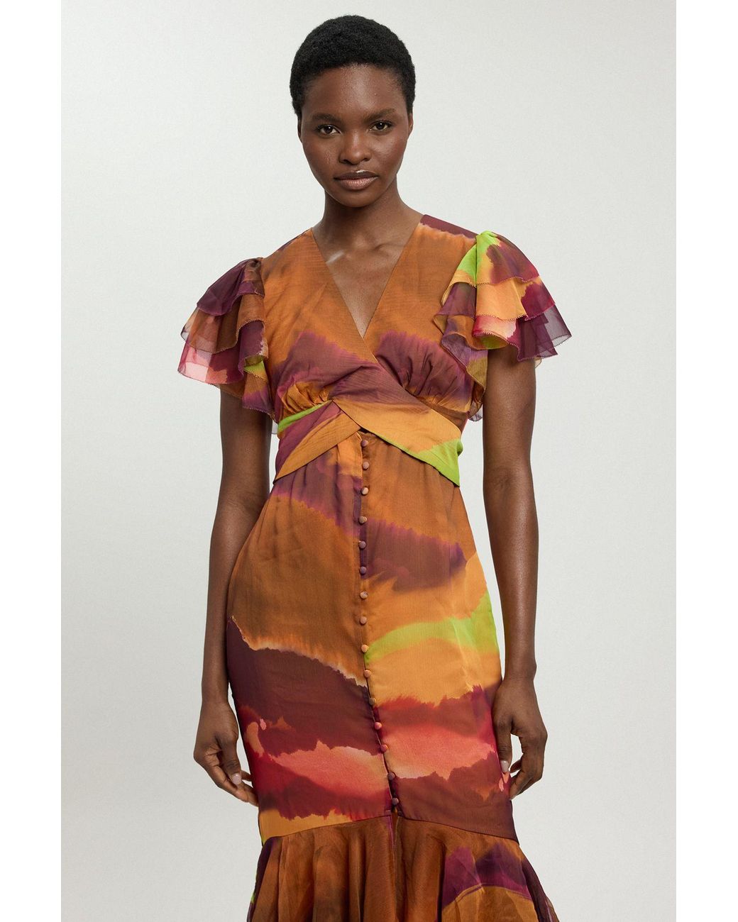 Karen Millen Red Abstract Print Ruffle Sleeve Button Through Midi Dress