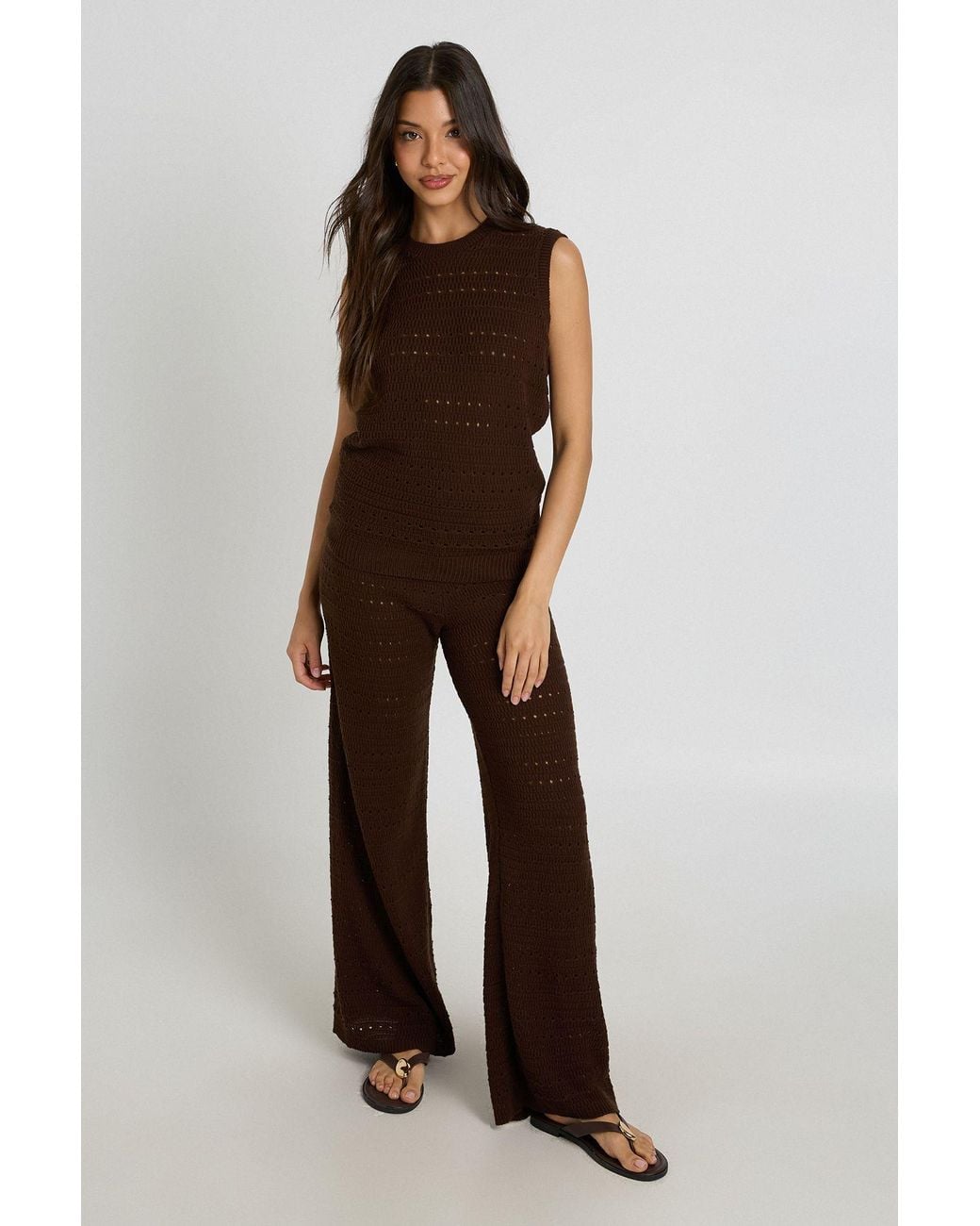 Boohoo Brown Crochet Knit Longline Top And Trouser Co-Ord