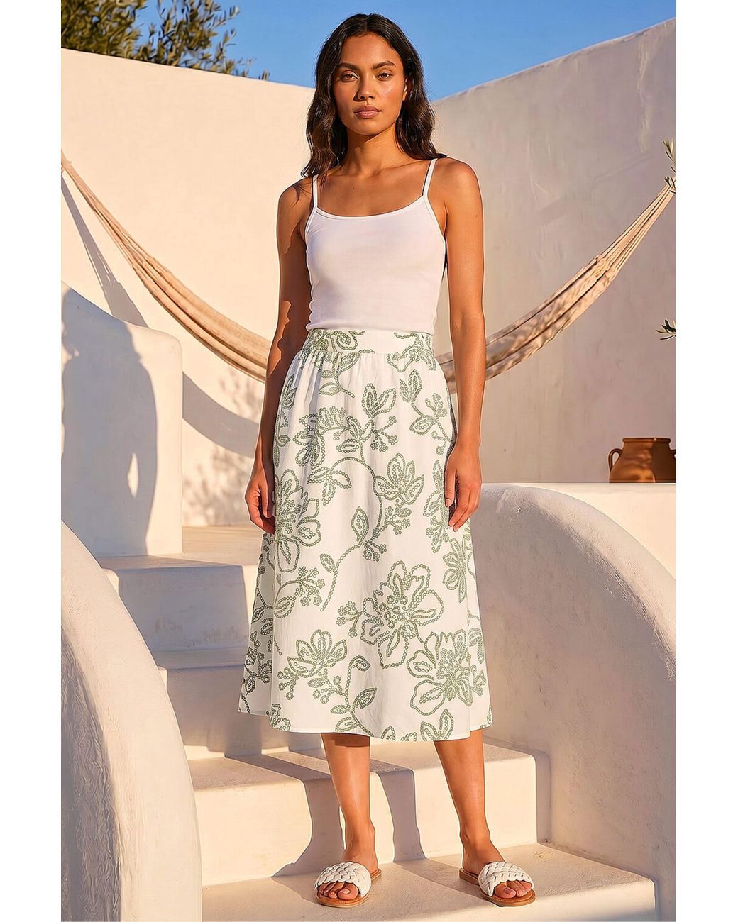 Roman Brown Floral Broderie Midi Skirt