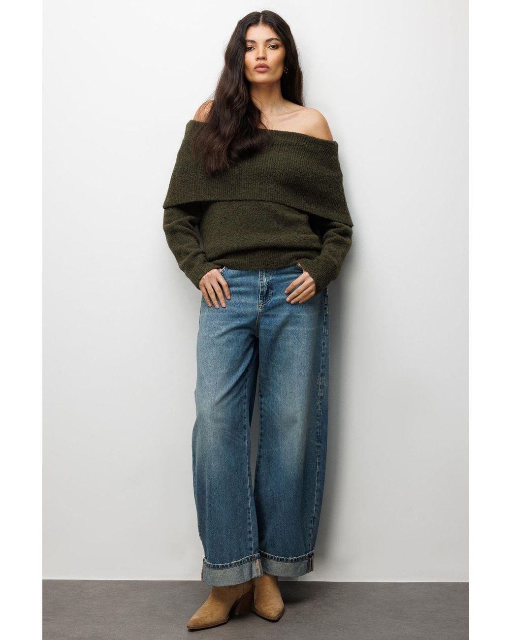 MixRay Black Loose Fit Ribbed Madonna Collar Sweater