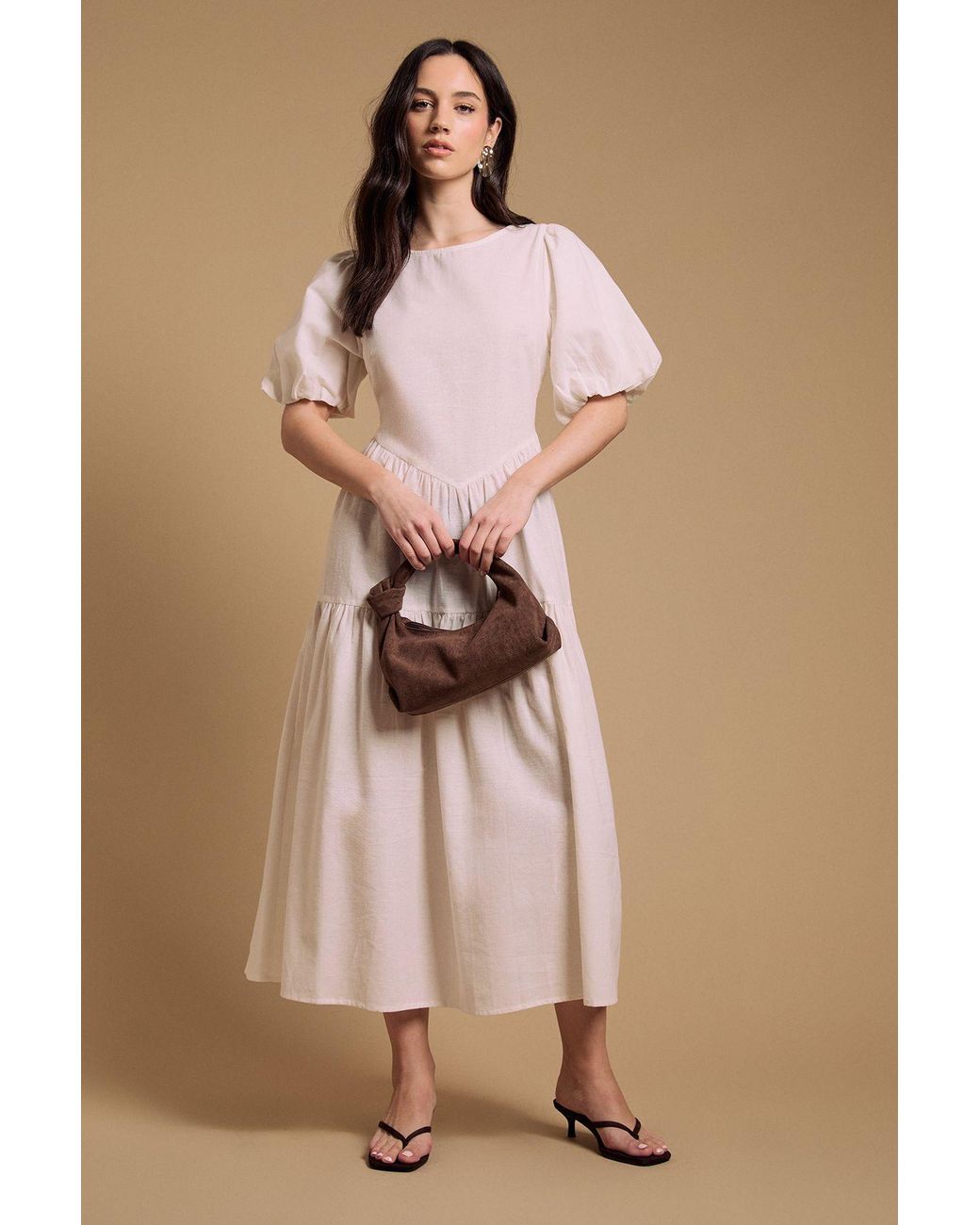 Oasis Natural Puff Sleeve Cotton Midi Dress