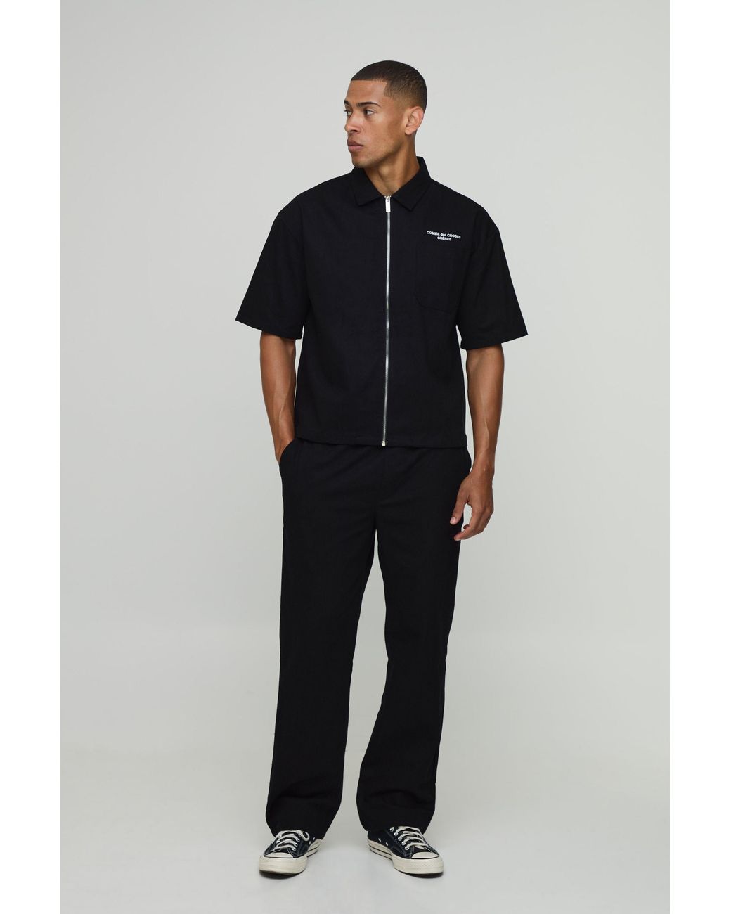 BoohooMAN Black Oversized Pocket Embroidered Twill Zip Up Shirt & Relaxed Trouser Set for men