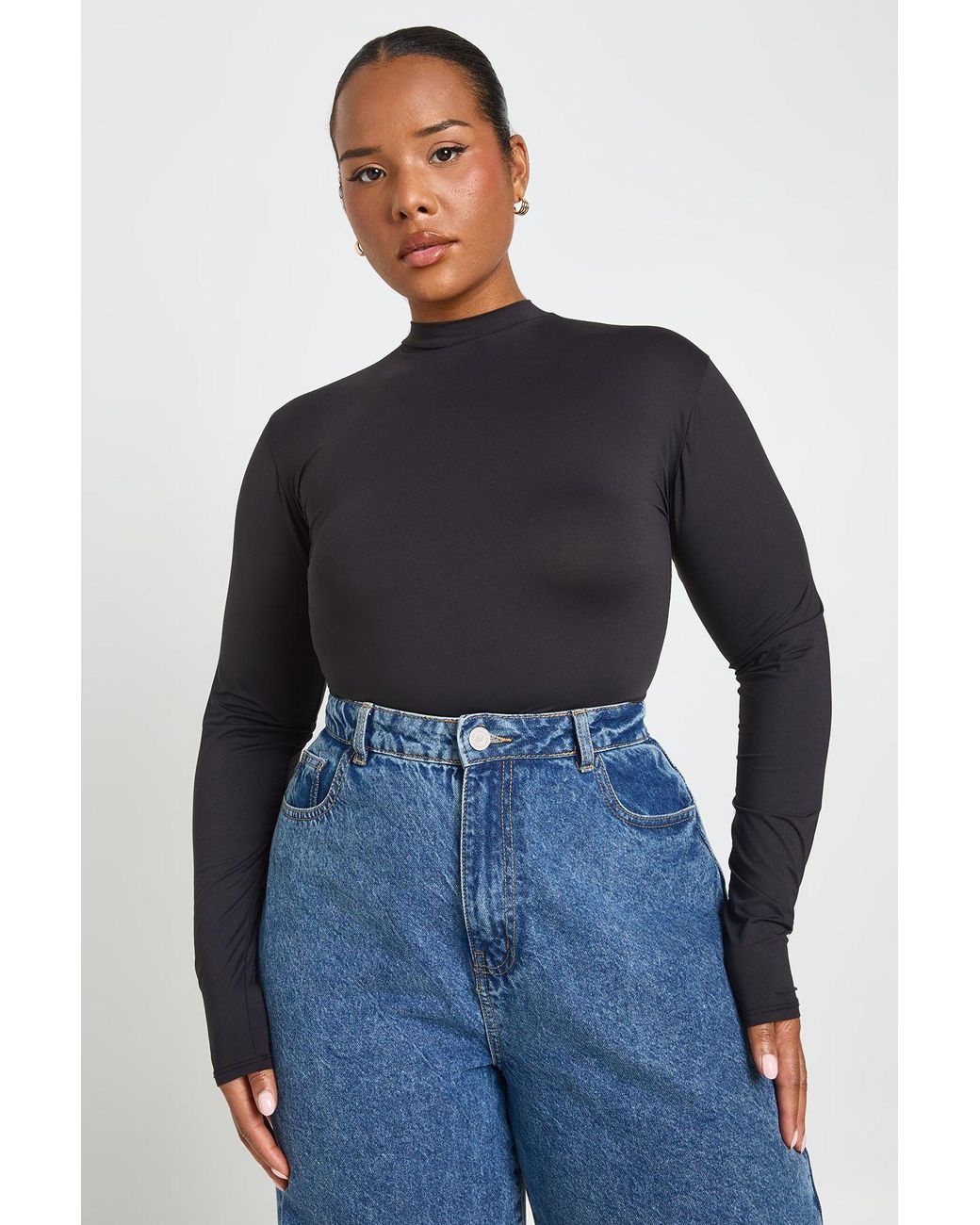 Boohoo Blue Plus Second Skin Crew Neck Long Sleeve Bodysuit