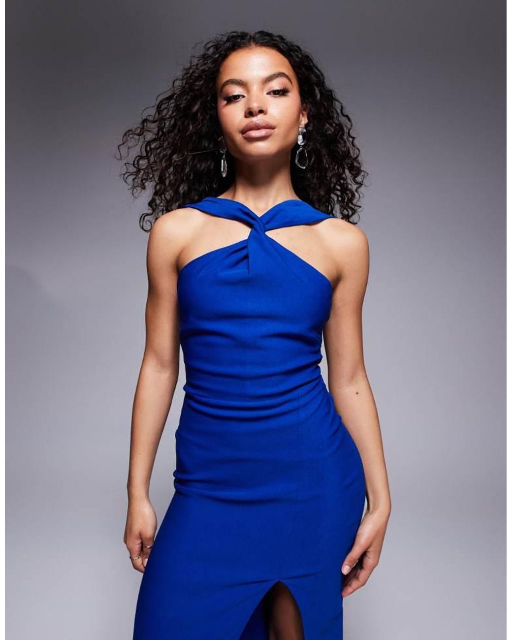 Vesper Petite Blue Bengaline Twist Front Halter Neck Side Split Midaxi Dress