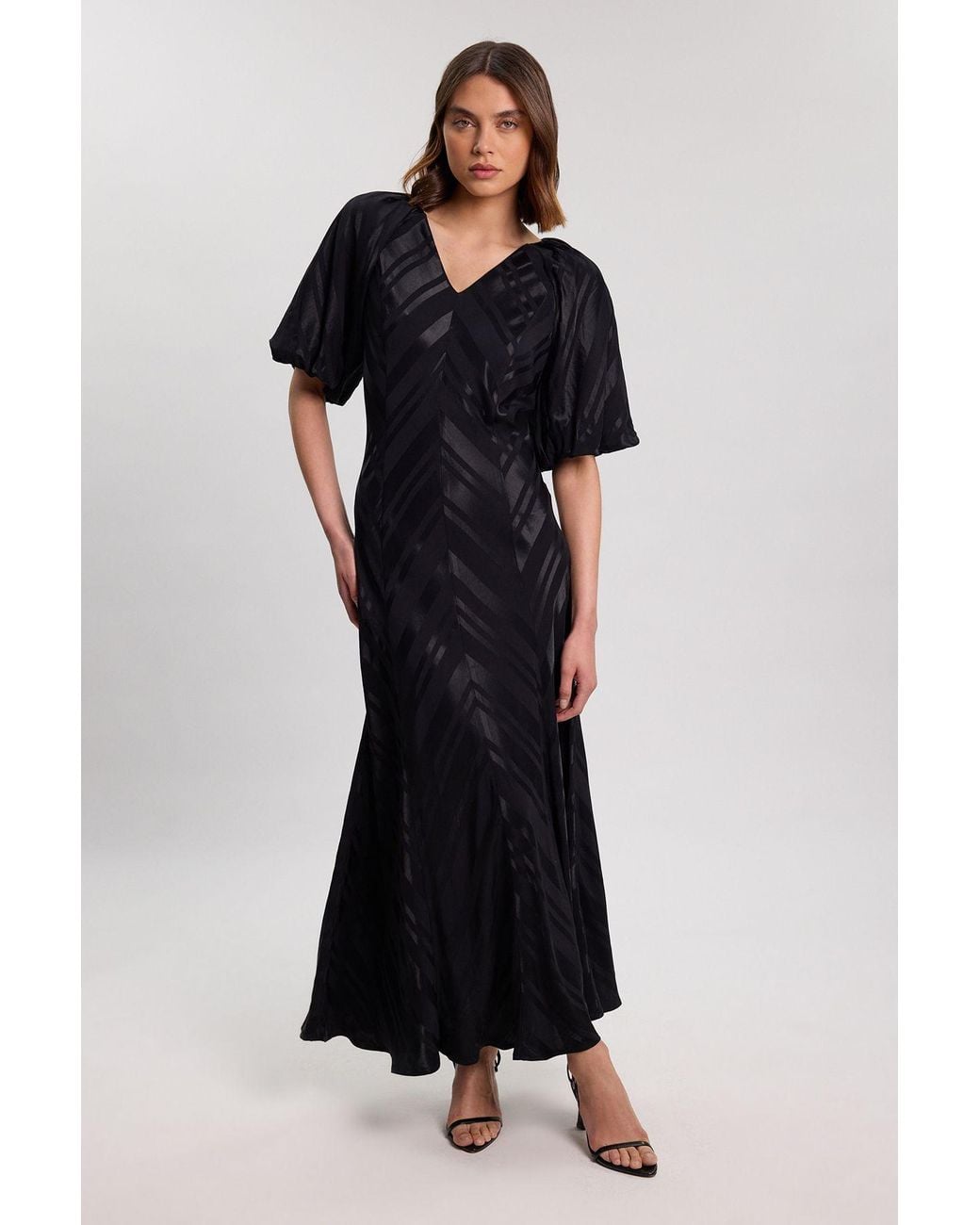 Karen Millen Black Stripe Fabric Detail Fluid Short Sleeve Midi Dress