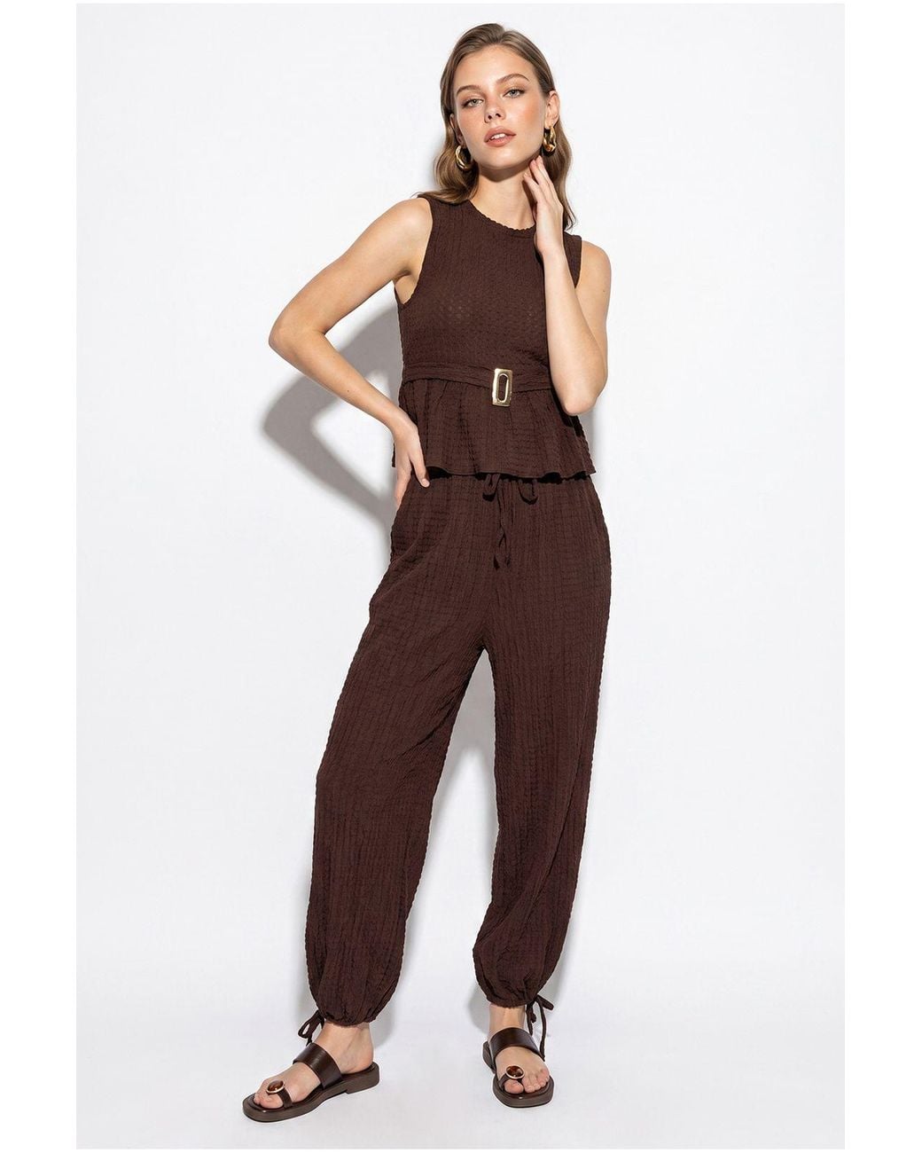 Bianco Lucci Brown High Waist Wide Leg Two-Piece Coord
