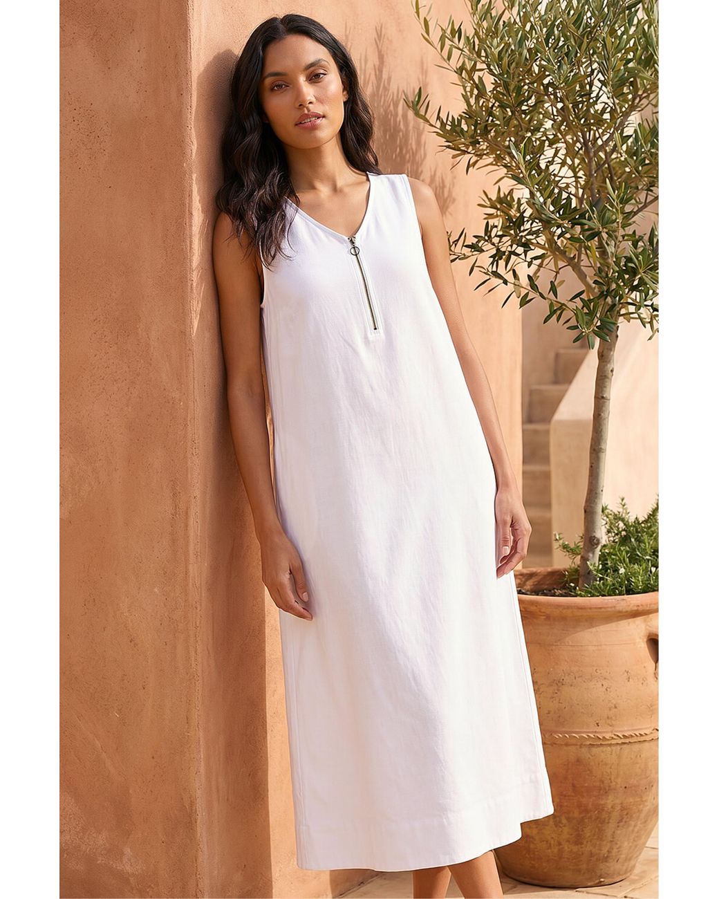 Roman Natural Zip Front Sleeveless Midi Dress