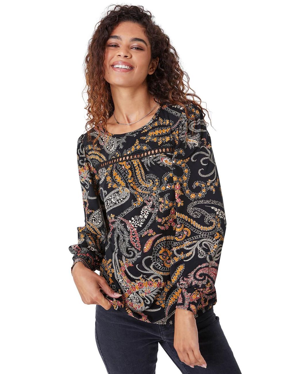 Roman Black Paisley Lace Trim Top