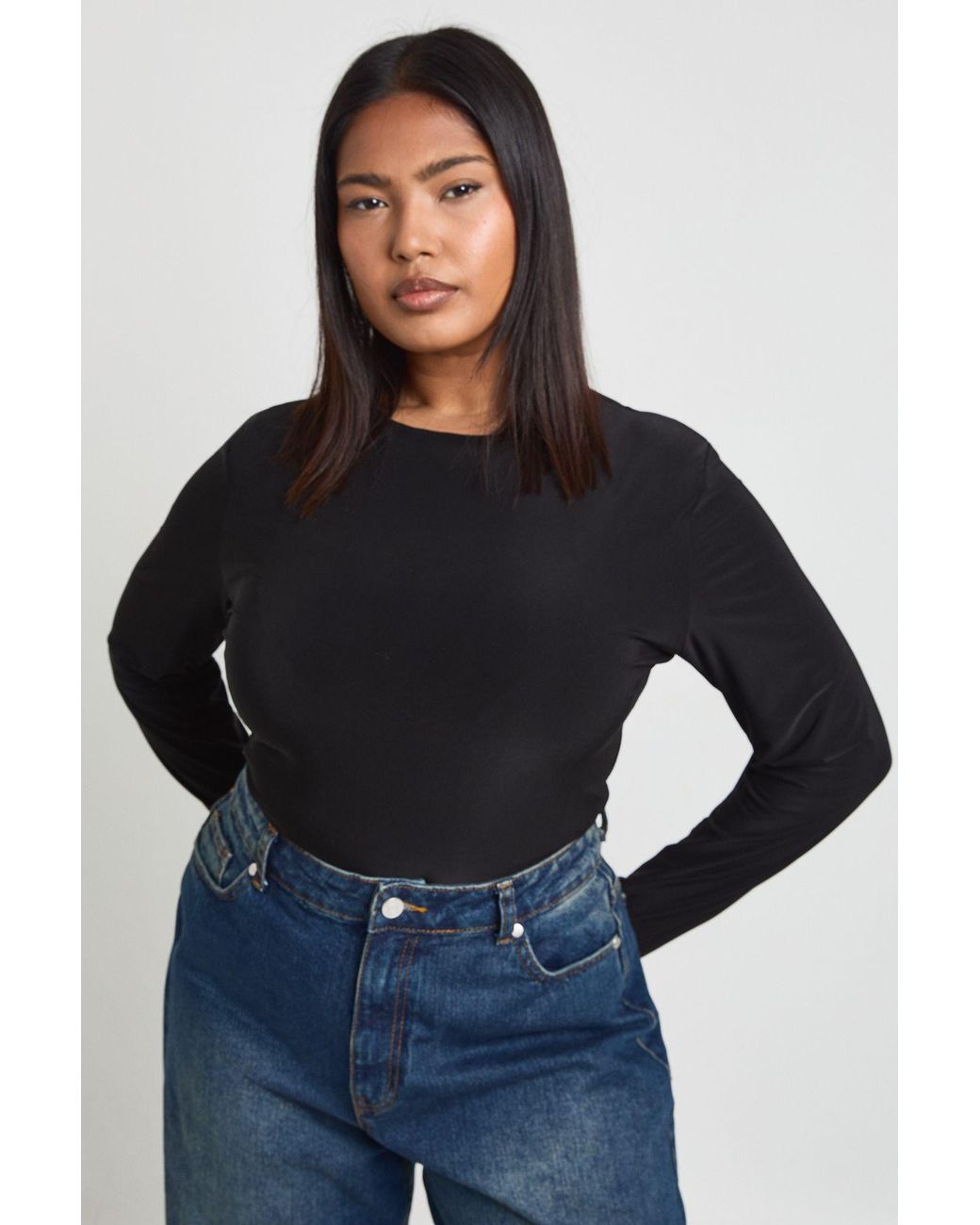 Boohoo Black Plus Double Layer Slinky Long Sleeve Bodysuit