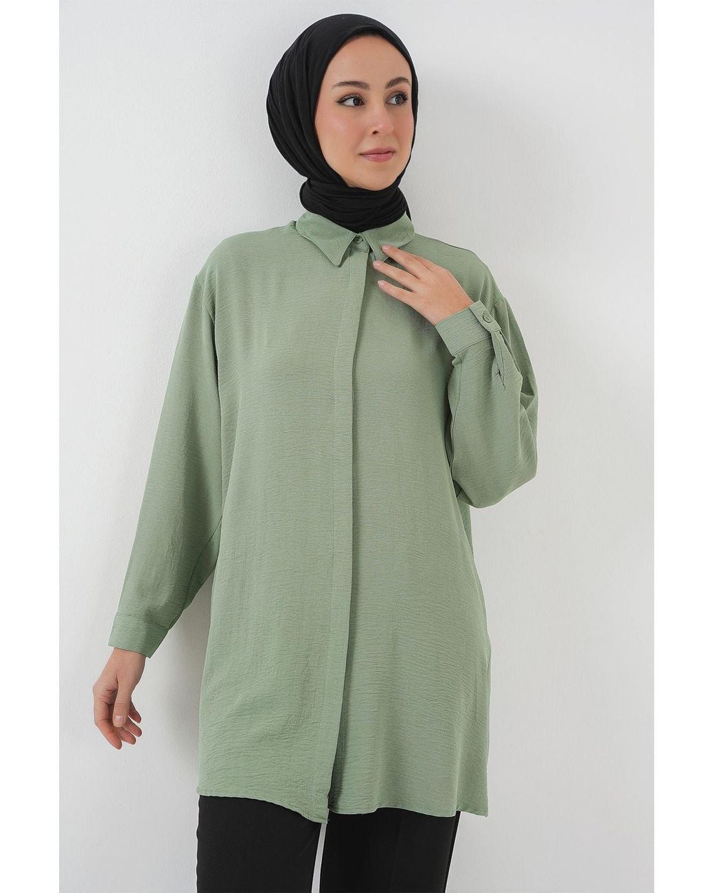 Bigdart Green Oversized Long Sleeve Button-Up Blouse With Shirt Collar