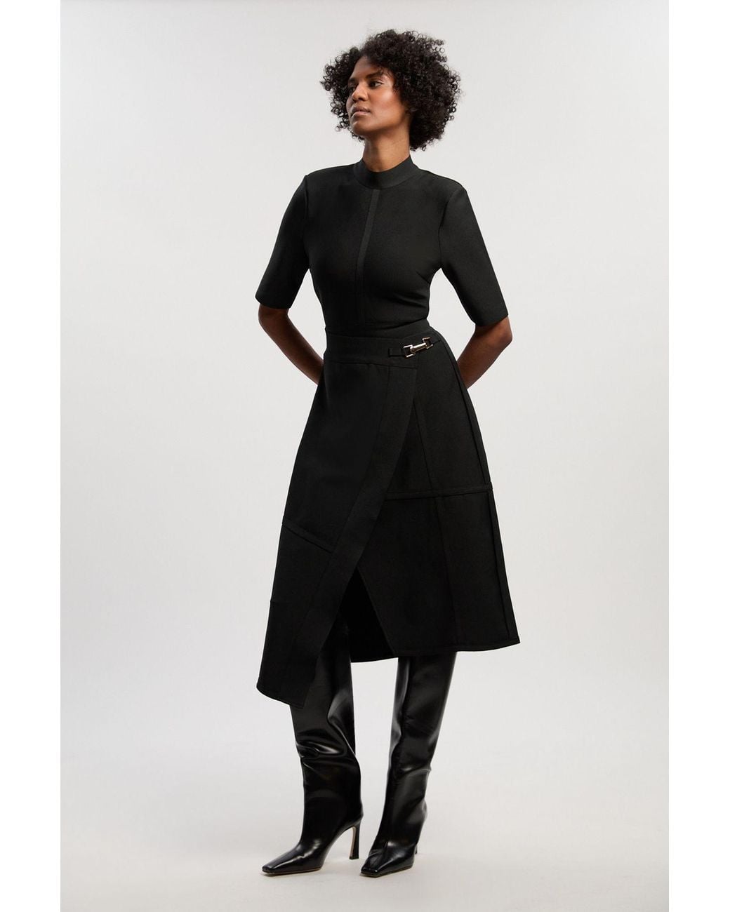 Karen Millen Black Figure Form Bandage Asymmetric Knit Midi Dress