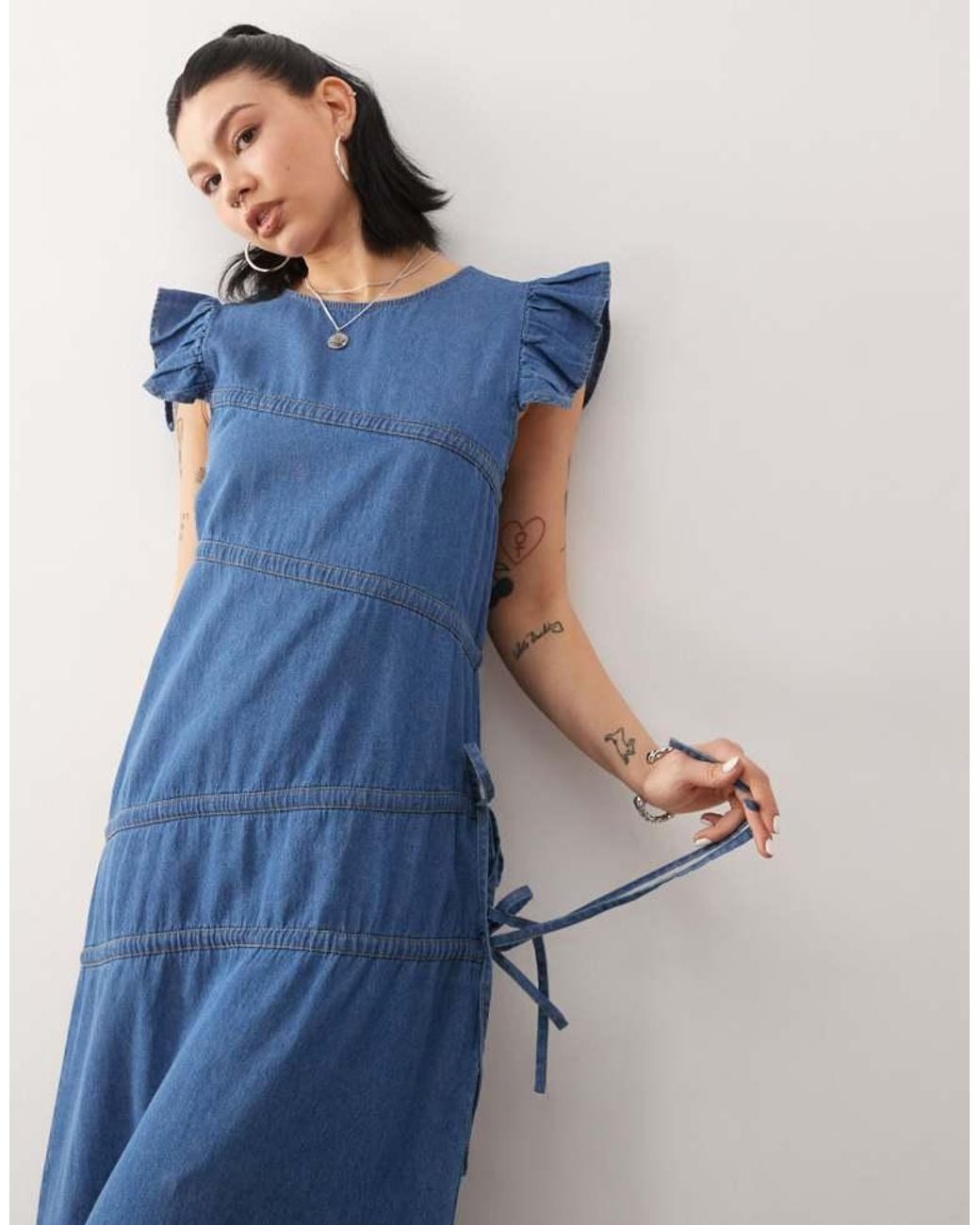 Reclaimed Vintage Blue Denim Maxi Dress With Asymmetric Ruching