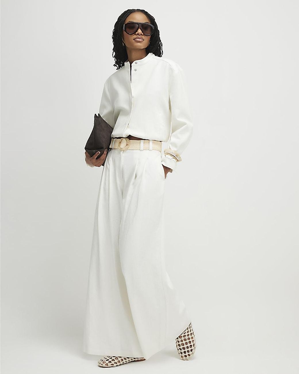 River Island White Wide Leg Trousers Belted High Waist